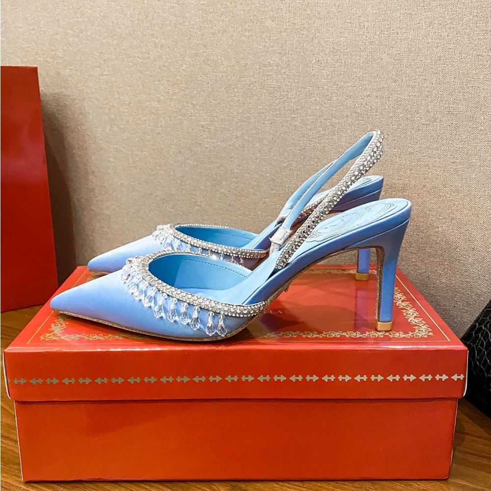 Light Blue Satin Pointed Slingback Heels with Crystal Teardrop Trim - Picture 4 of 8
